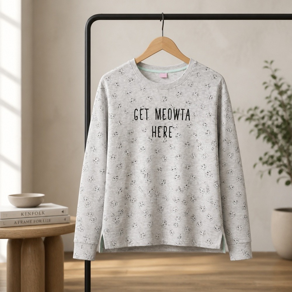 Jenni Intimates XXL Get Meowta Here Cat Print Sleep Shirt Gray Loungewear Top